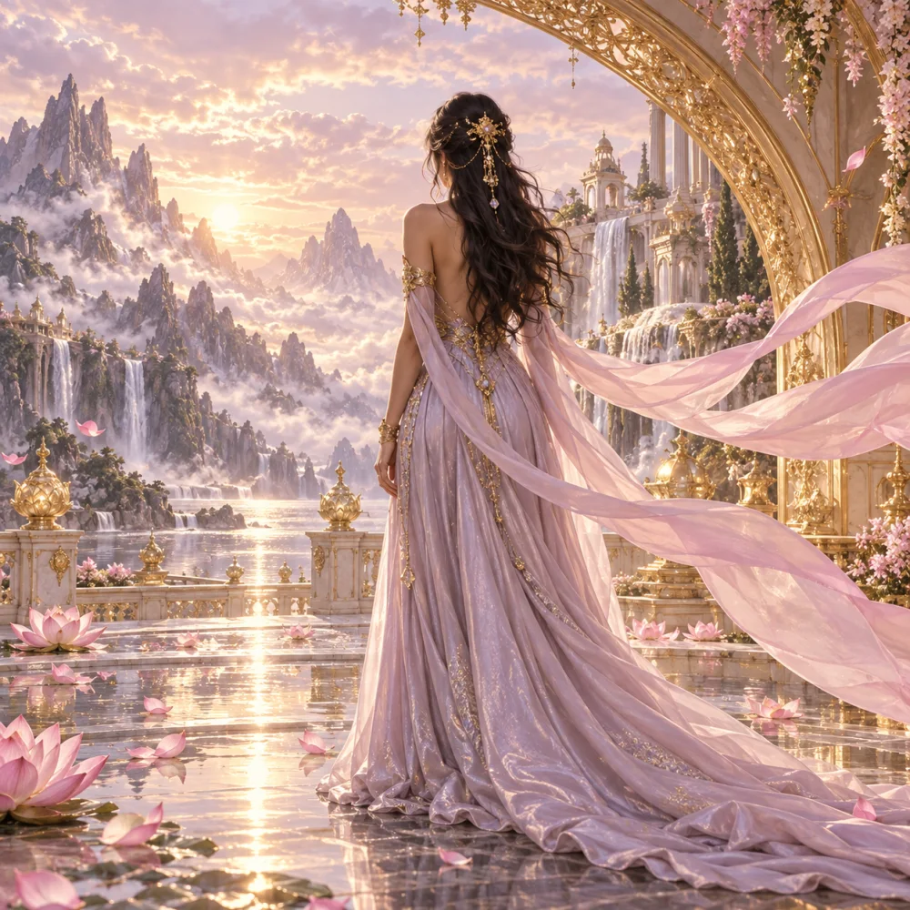 A muse in a flowing lilac gown looks out over a lotus pool toward sunlit mountains