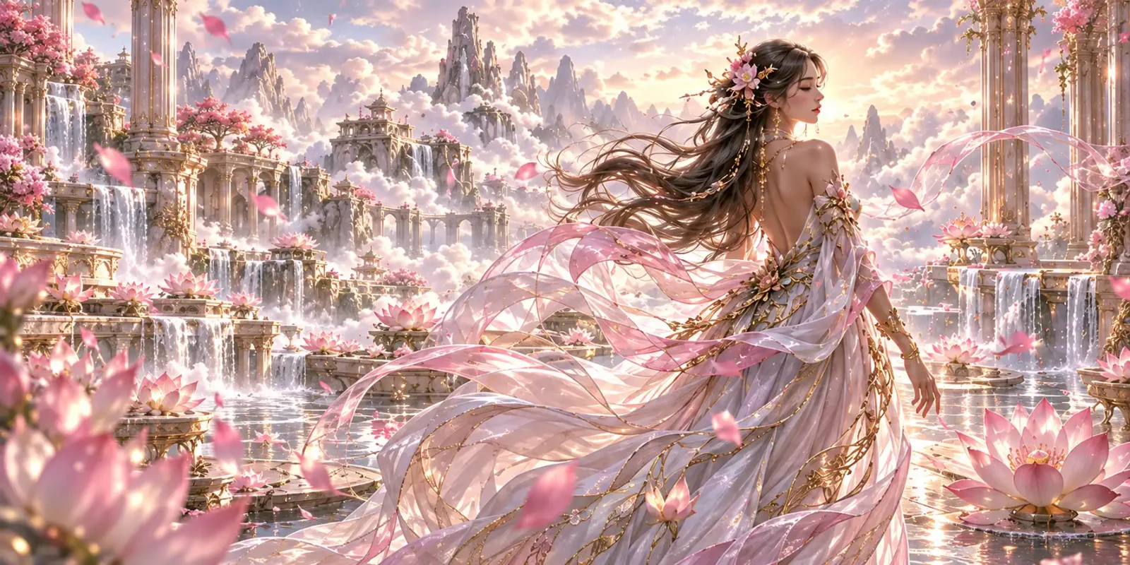 Illustrated muse in flowing rose and gold robes beside a lotus pool, waterfalls and pale mountains behind her