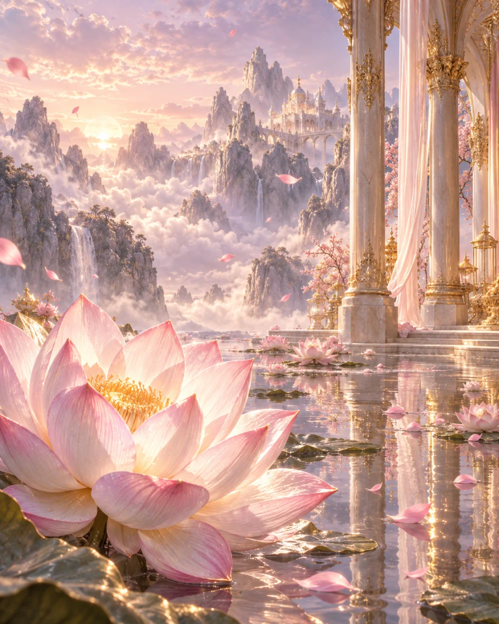 A pink lotus resting on still water before pale columns, waterfalls and mountains