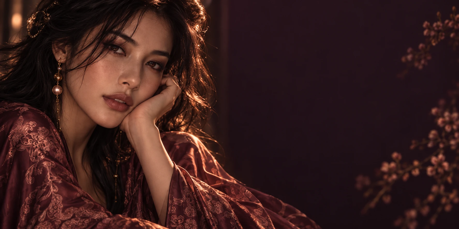 Portrait of a woman in embroidered rose silk resting her chin on her hand in warm ember light