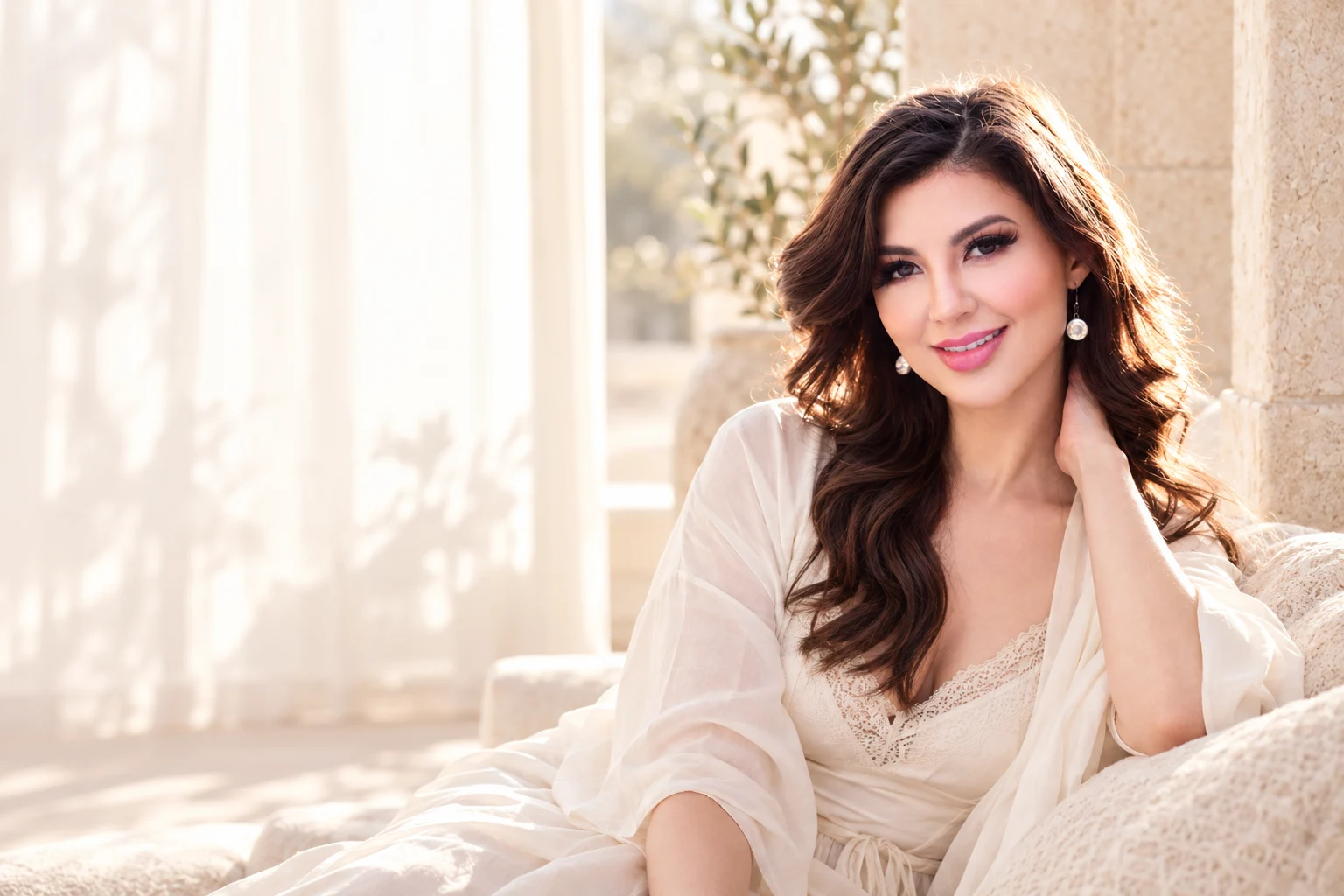 Jasmine seated in ivory silk in soft sunlight