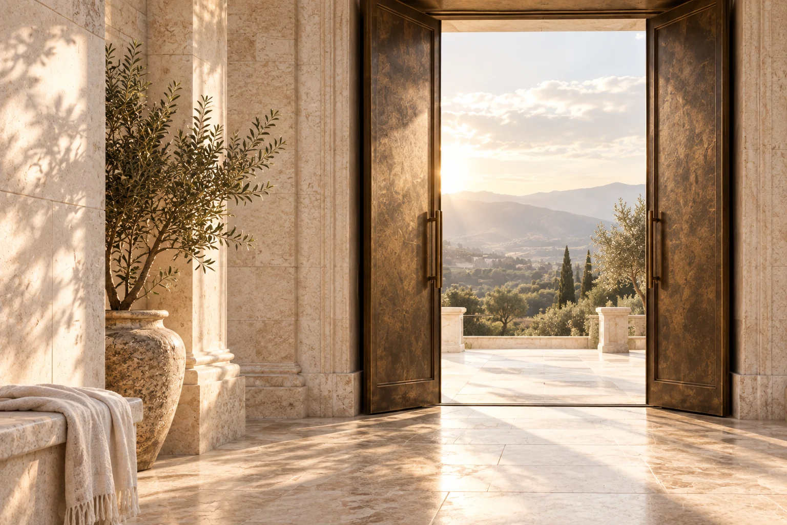An open doorway overlooking a sunlit landscape