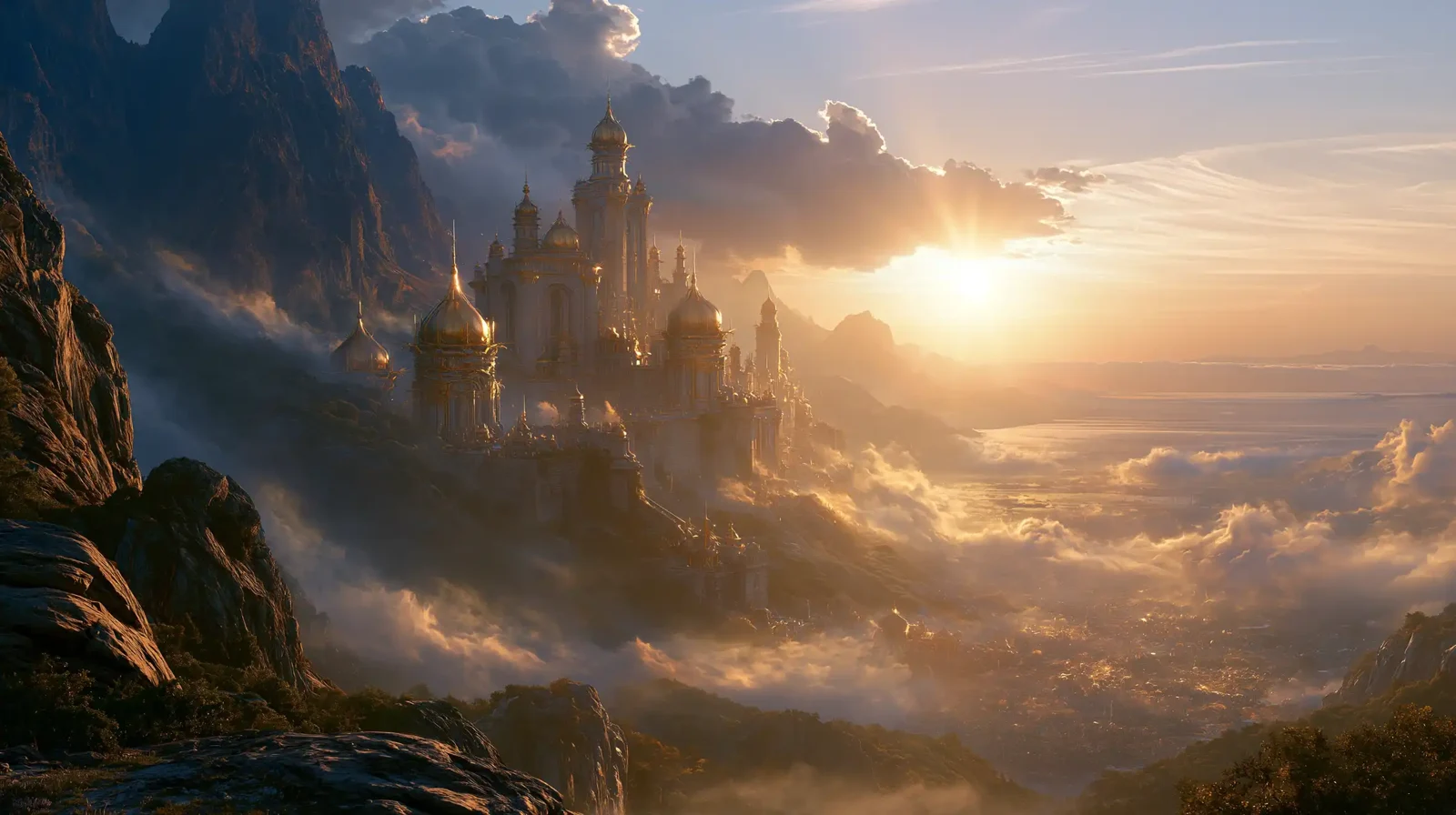 Visionary illustration of a golden city rising above clouds at sunrise