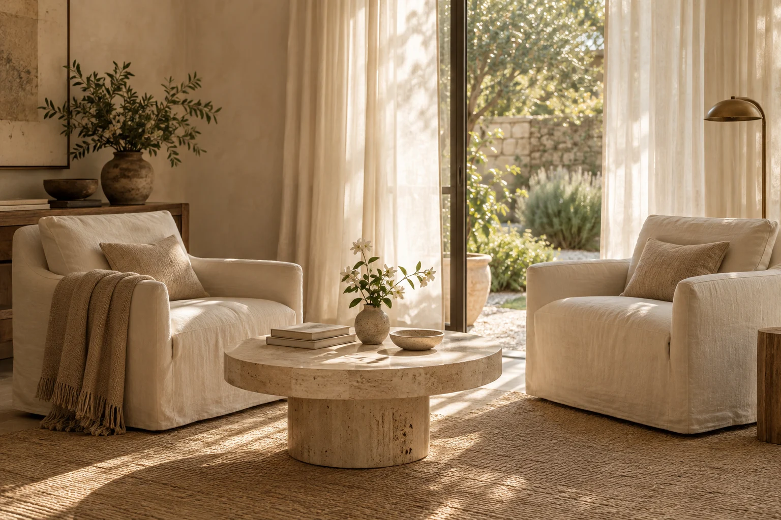 A sunlit room with two chairs and a stone table