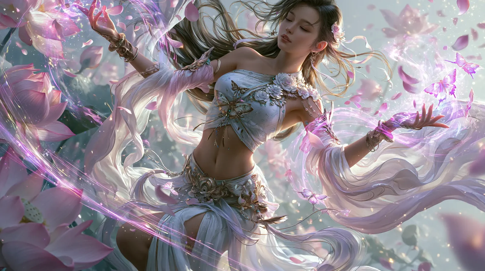 Visionary illustration of a feminine figure surrounded by flowing silk and unfolding lotus flowers