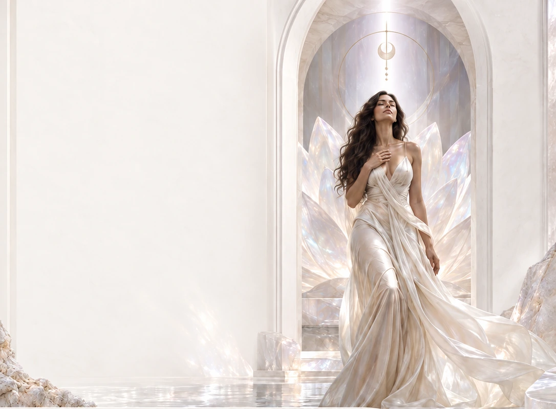 Jasmine in flowing ivory silk before an opalescent crystal lotus temple