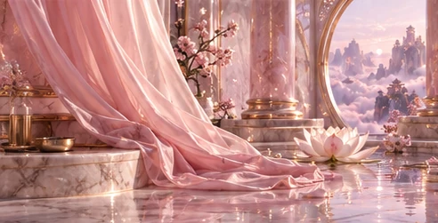 Rose silk draped over marble beside a white lotus, golden vessels in the foreground